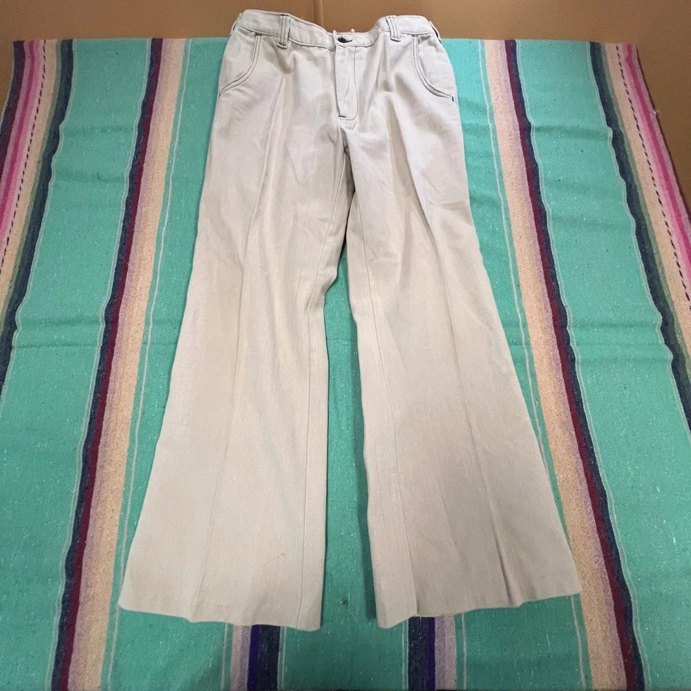 Vintage Flare Trousers Mens 30 Tan Twill High Rise Wide Leg 70s Style Pants